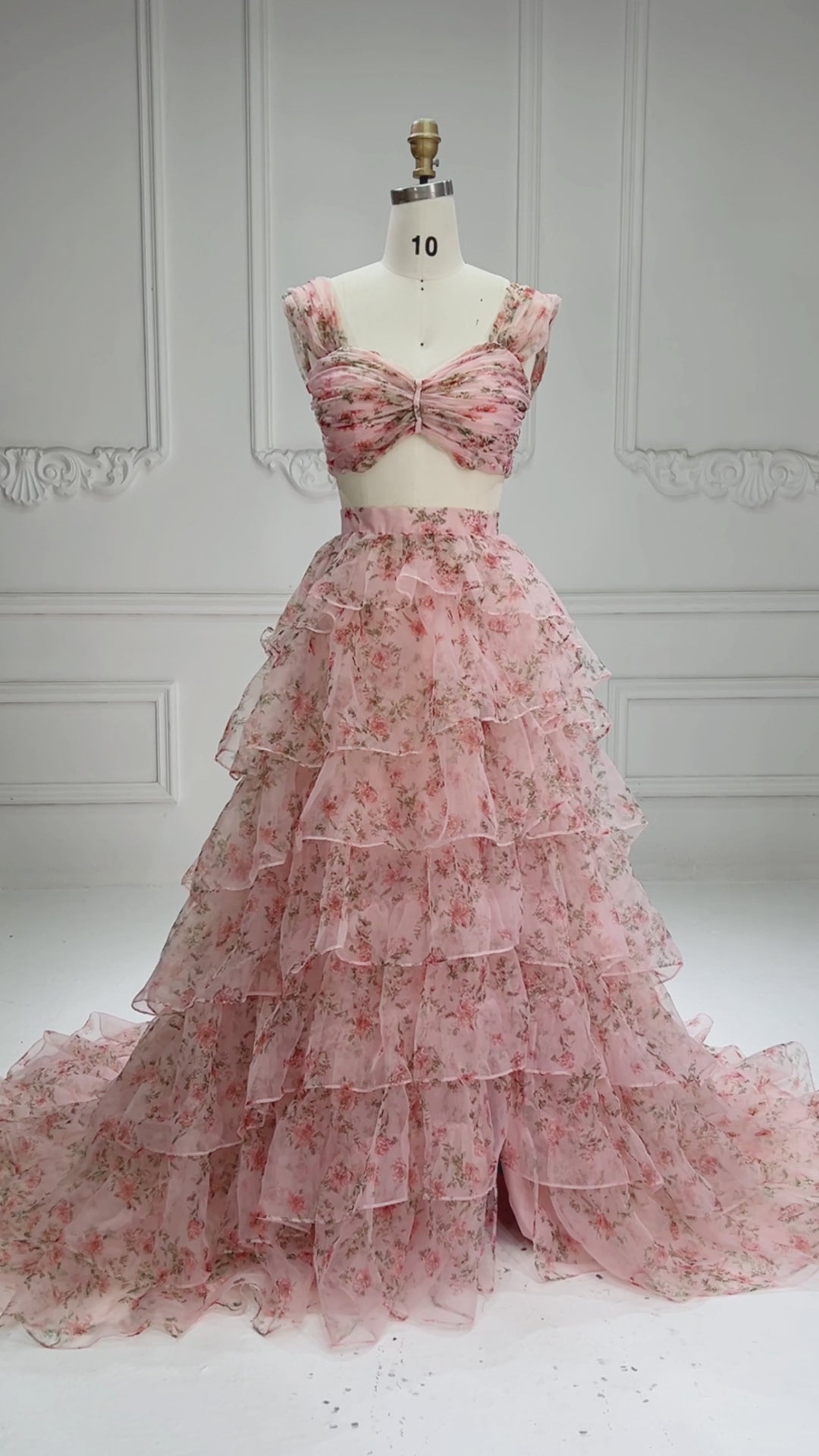 Pink Floral Photoshoot Gown Two Piece Set Layered Ruffle Special Event Party Dress YW260288
