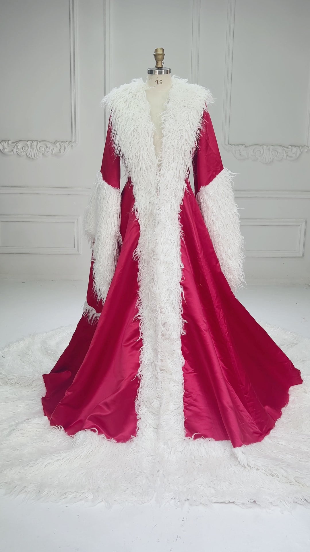 Red Deep V-Neck Open Front Fur Christmas Gown with Long Train YW243135