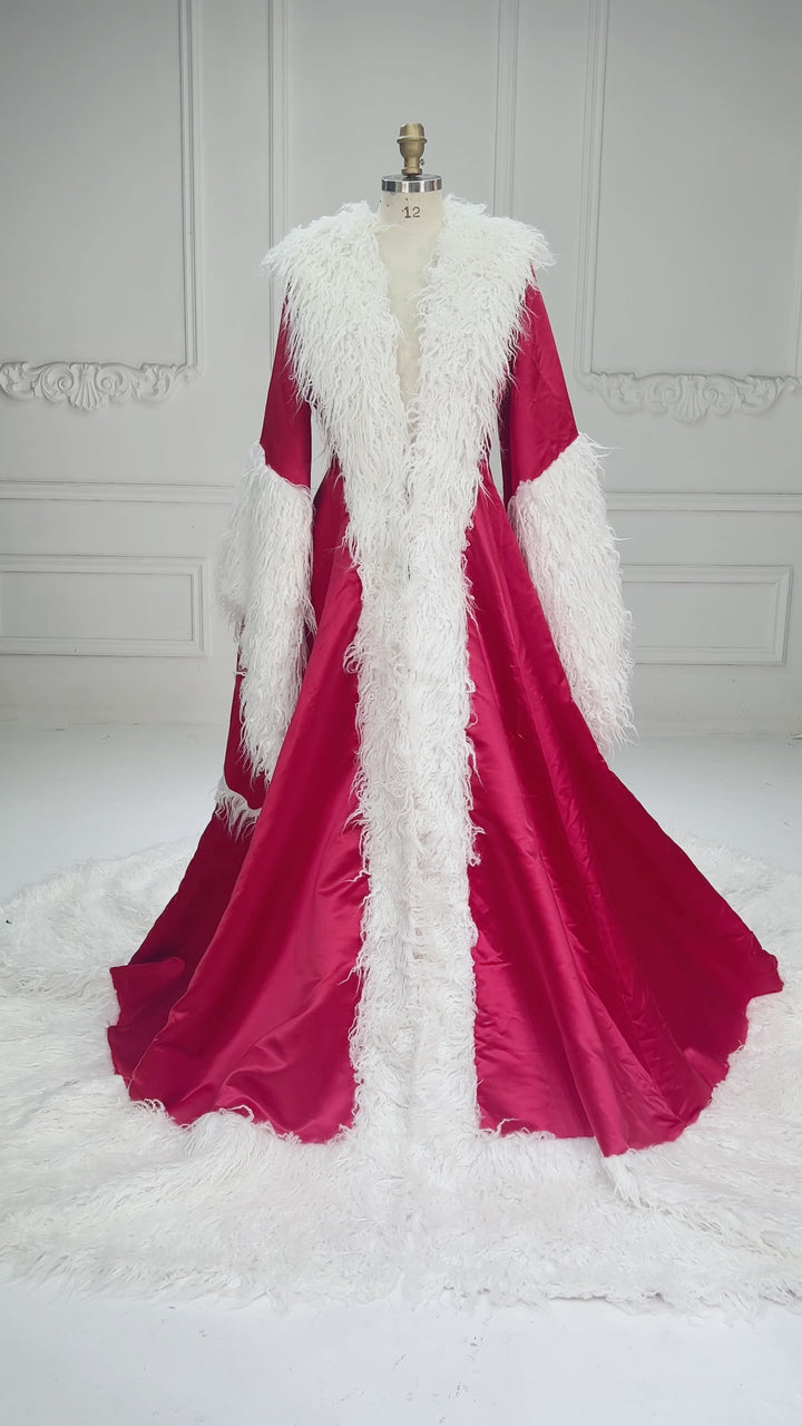Red Deep V-Neck Open Front Fur Christmas Gown with Long Train YW243135