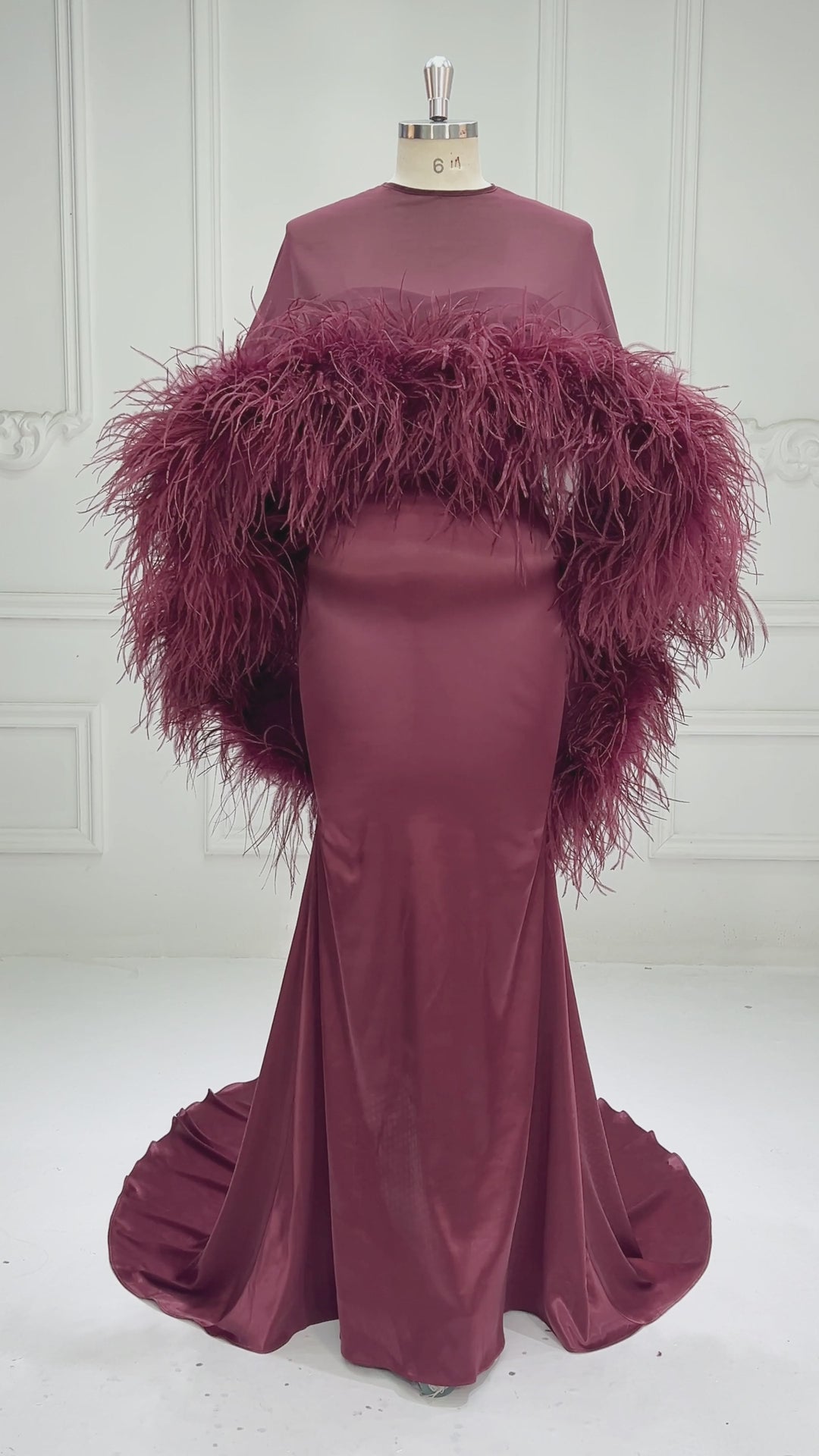Burgundy Ostrich Feather Cape Maternity Baby Shower Dress YD260917