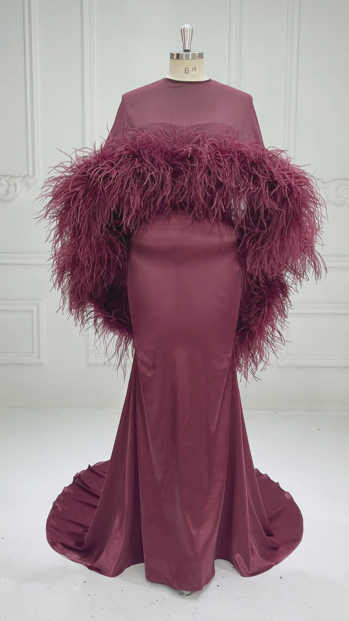 Burgundy Ostrich Feather Cape Maternity Baby Shower Dress YD260917