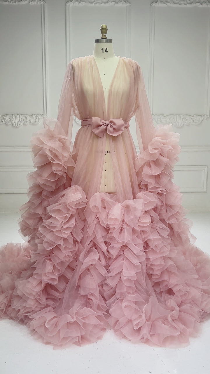 Langarm-Rüschen-Abendkleid, sexy Ballkleid für Umstands-Fotoshooting