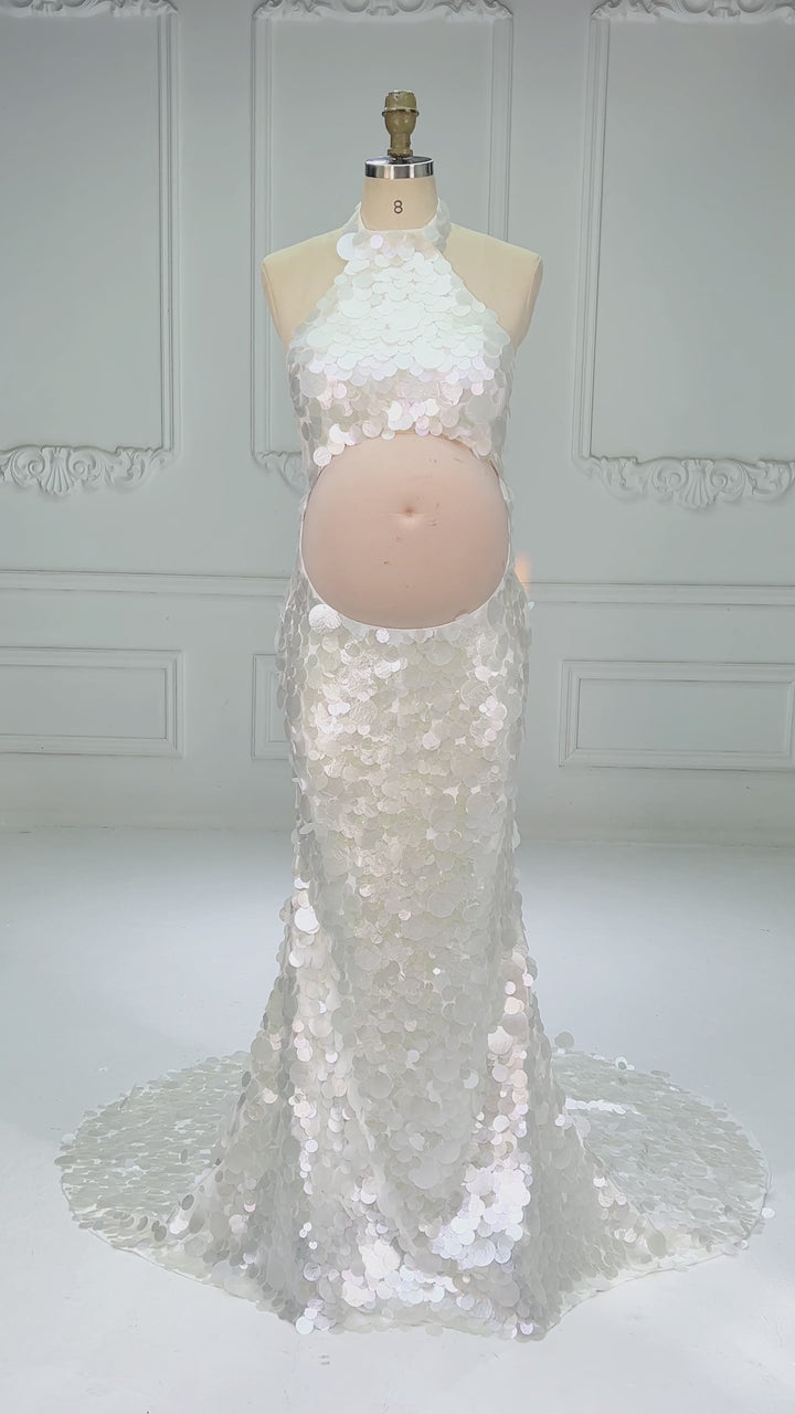 Halter Cutout Belly Sequin Maternity Baby Shower Dress YW2609233