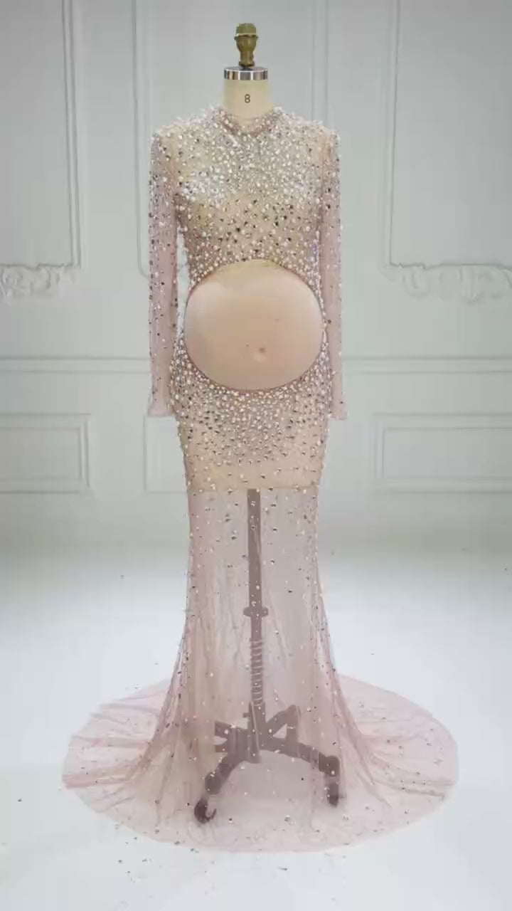 Beaded Maternity Photography Dress Shiny Pearl Rhinestone Long Dress Maternity Photo Shoot Dress YW260243