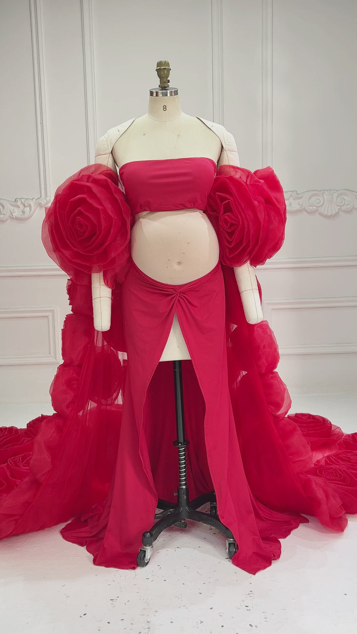 Rose Flower Cape with Slim Dress Set Pregant Dress Maternity Photoshoot Gown