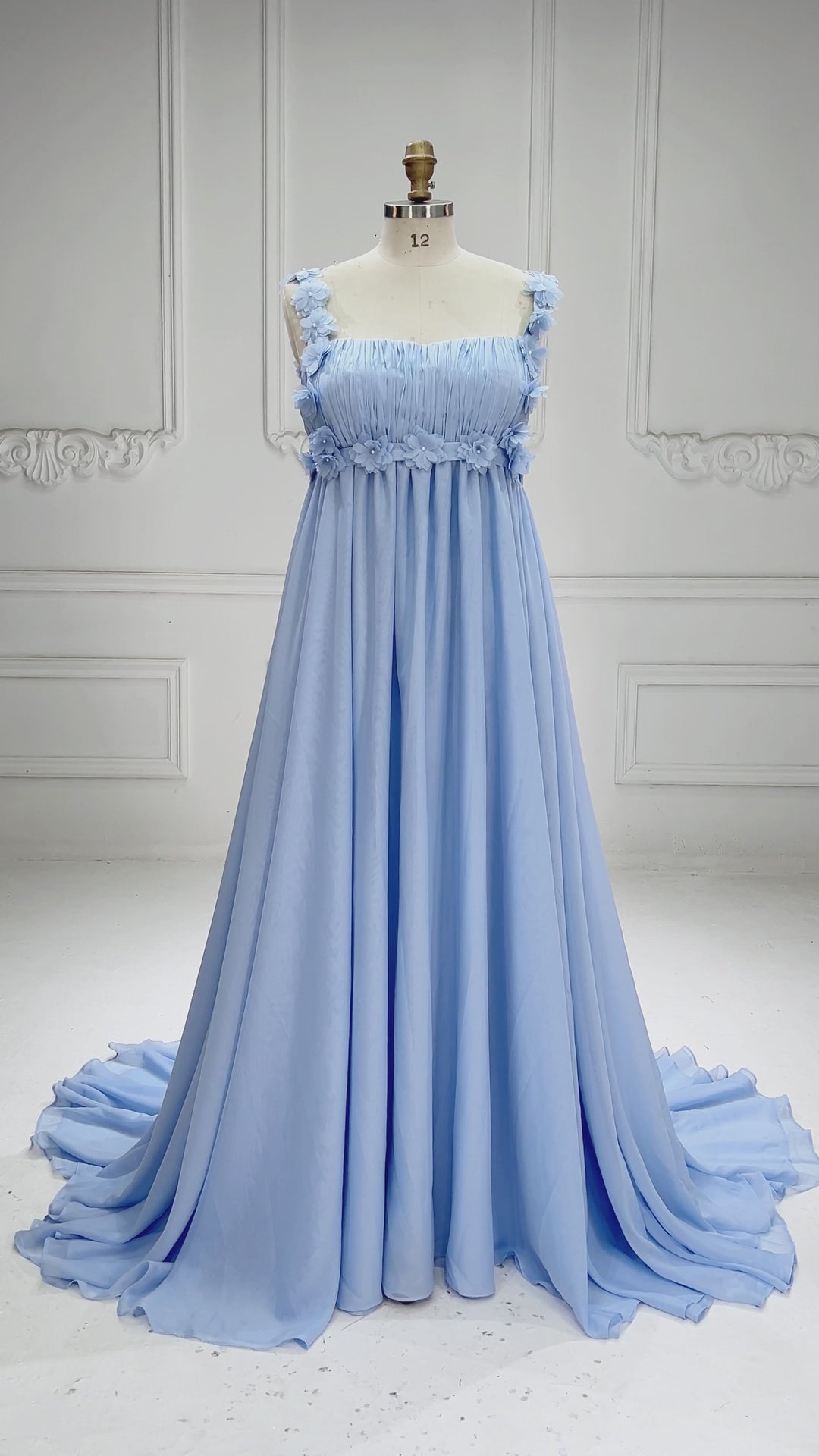 Light Blue Square Neck 3D Floral Maternity Baby Shower Dress L-26926