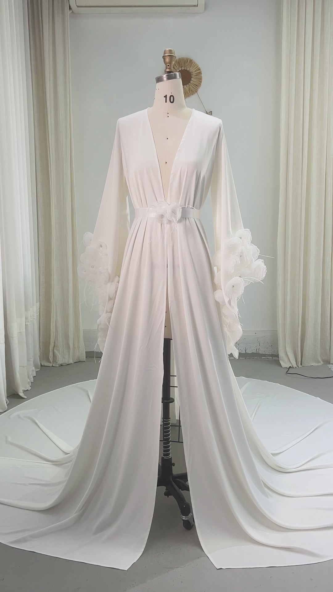 Flowing Bridal Robe Bell Sleeves with Delicate Handmade Flowers Wedding Robe for Bridal YW260248