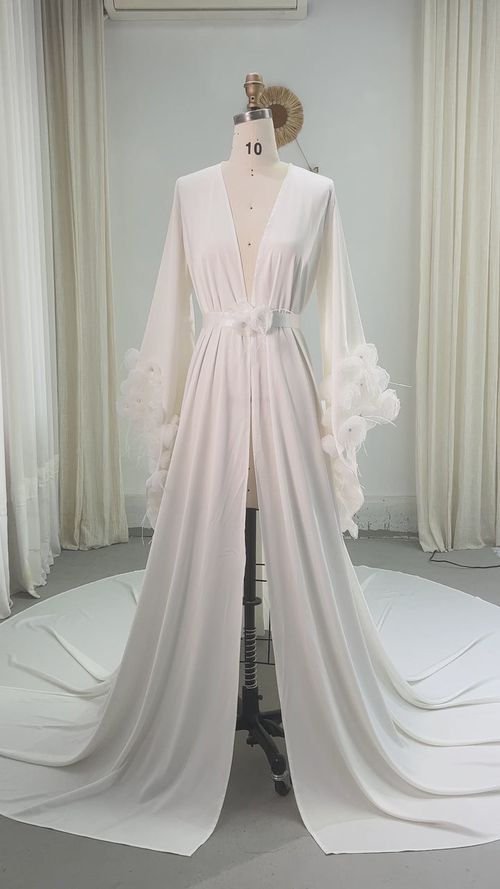 Flowing Bridal Robe Bell Sleeves with Delicate Handmade Flowers Wedding Robe for Bridal YW260248