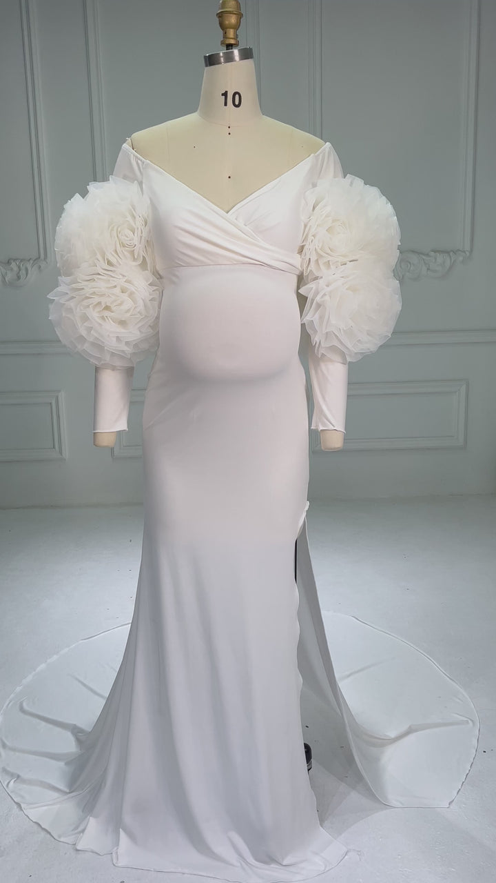 Pretty Mermaid Maternity Dress Long Sleeves with 3D Handmade Flowers Maternity Dress for Photoshoot YW250056