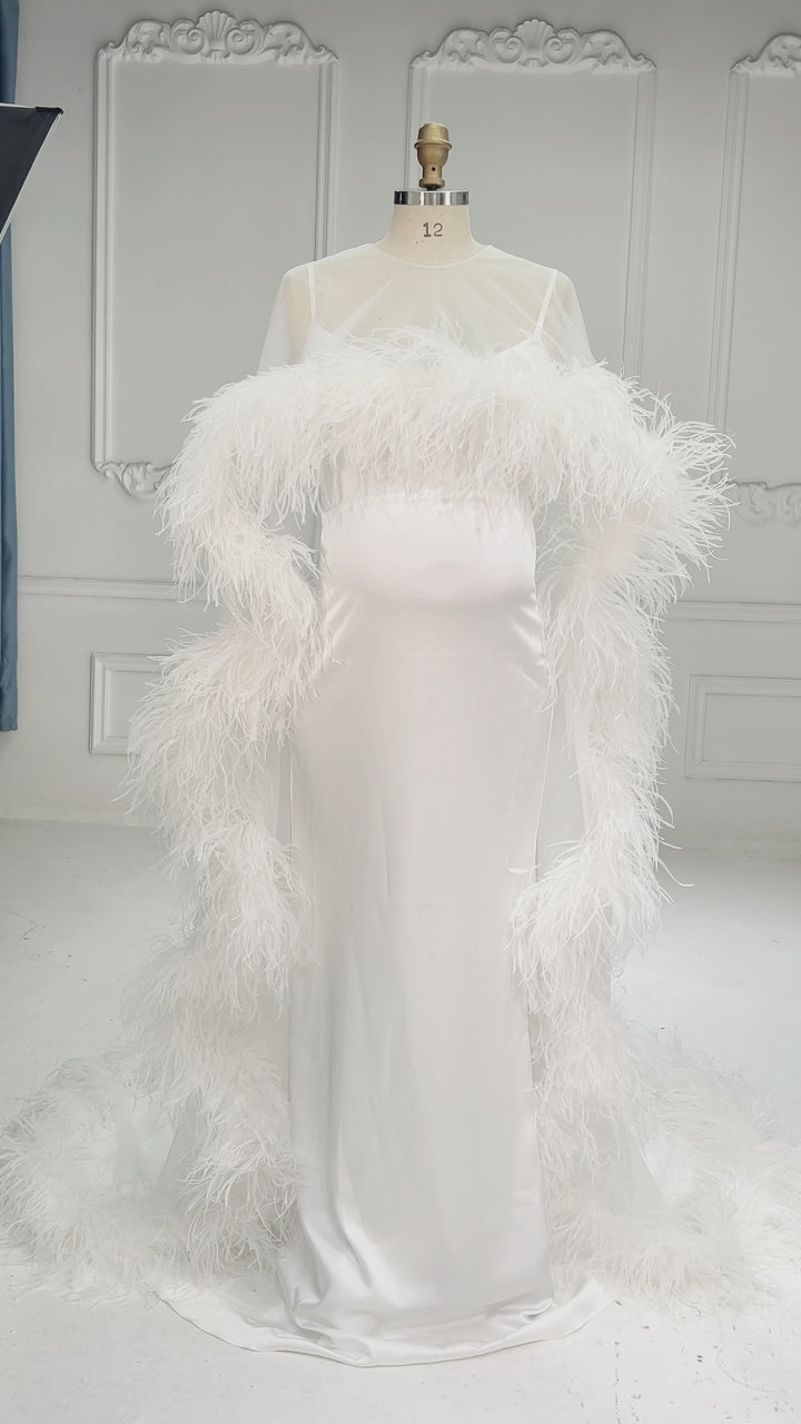Ivory Sheer Cape Ostrich Feather Maternity Baby Shower Dress YW261018