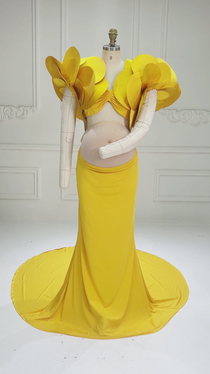 Stretchy Long Maternity Dress for Photoshoot with Handmade Flower Bicep Sleeves YW260234