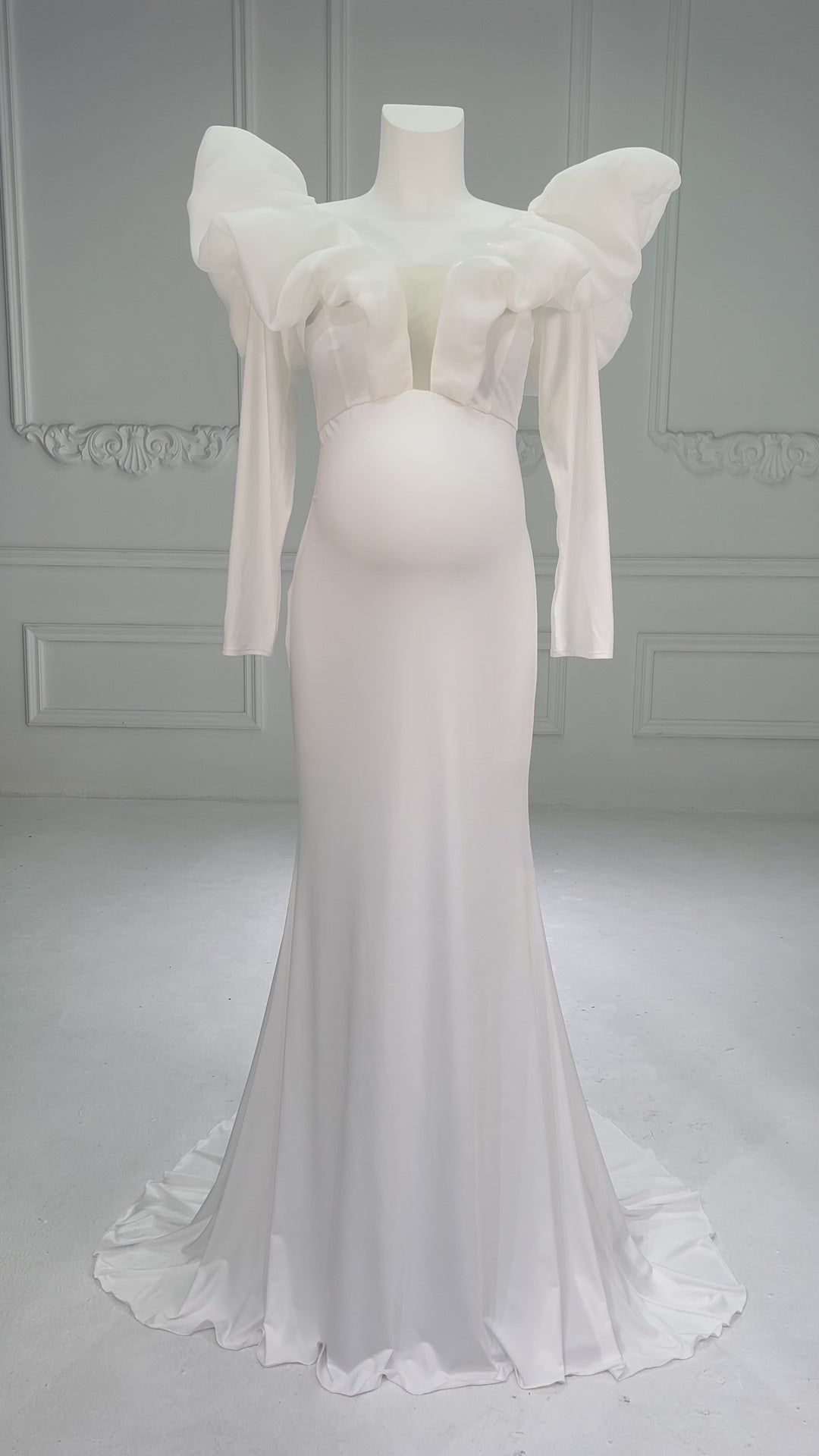 Maternity Gown for Photoshoot Elegant V Neck Long Sleeve Mermaid Baby Shower Dress YW251002