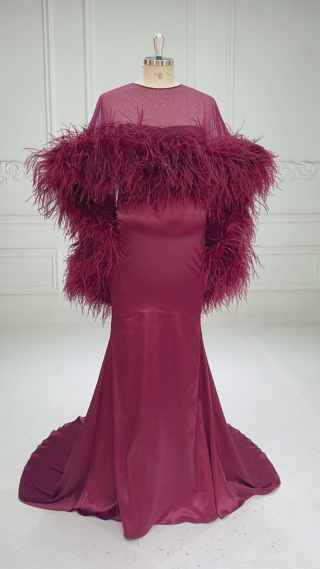 Burgundy Ostrich Feather Cape Maternity Baby Shower Dress YD260917