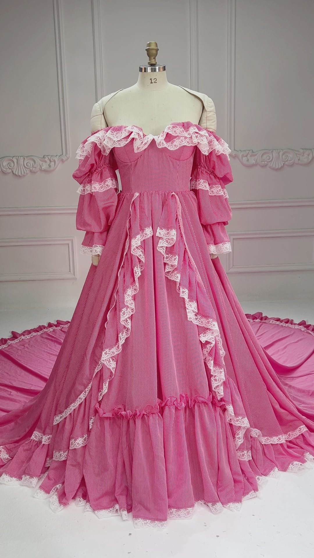 Custom Made Princess Gown with Adjustable Train Red Stripe Maiden Gown YW260265-1