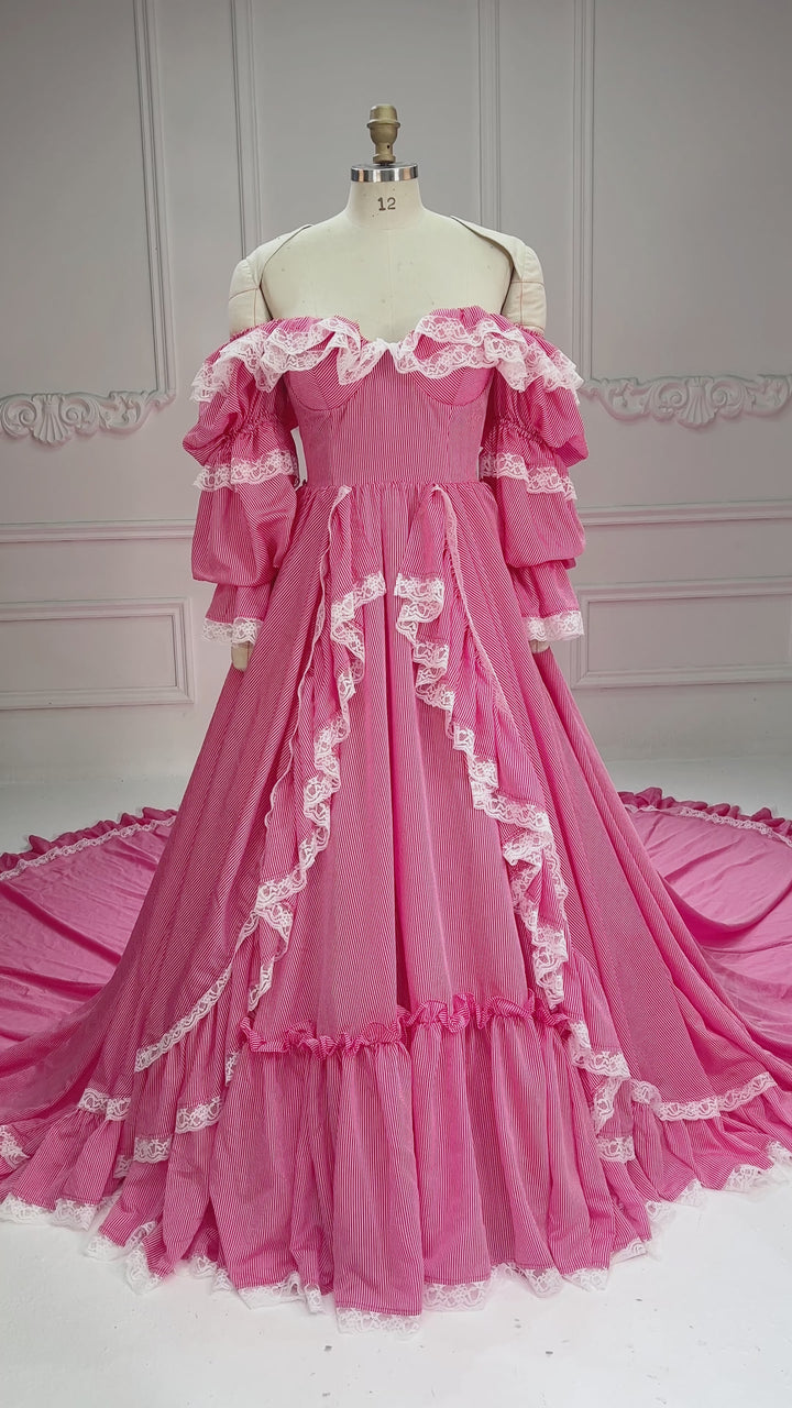 Custom Made Princess Gown with Adjustable Train Red Stripe Maiden Gown YW260265-1