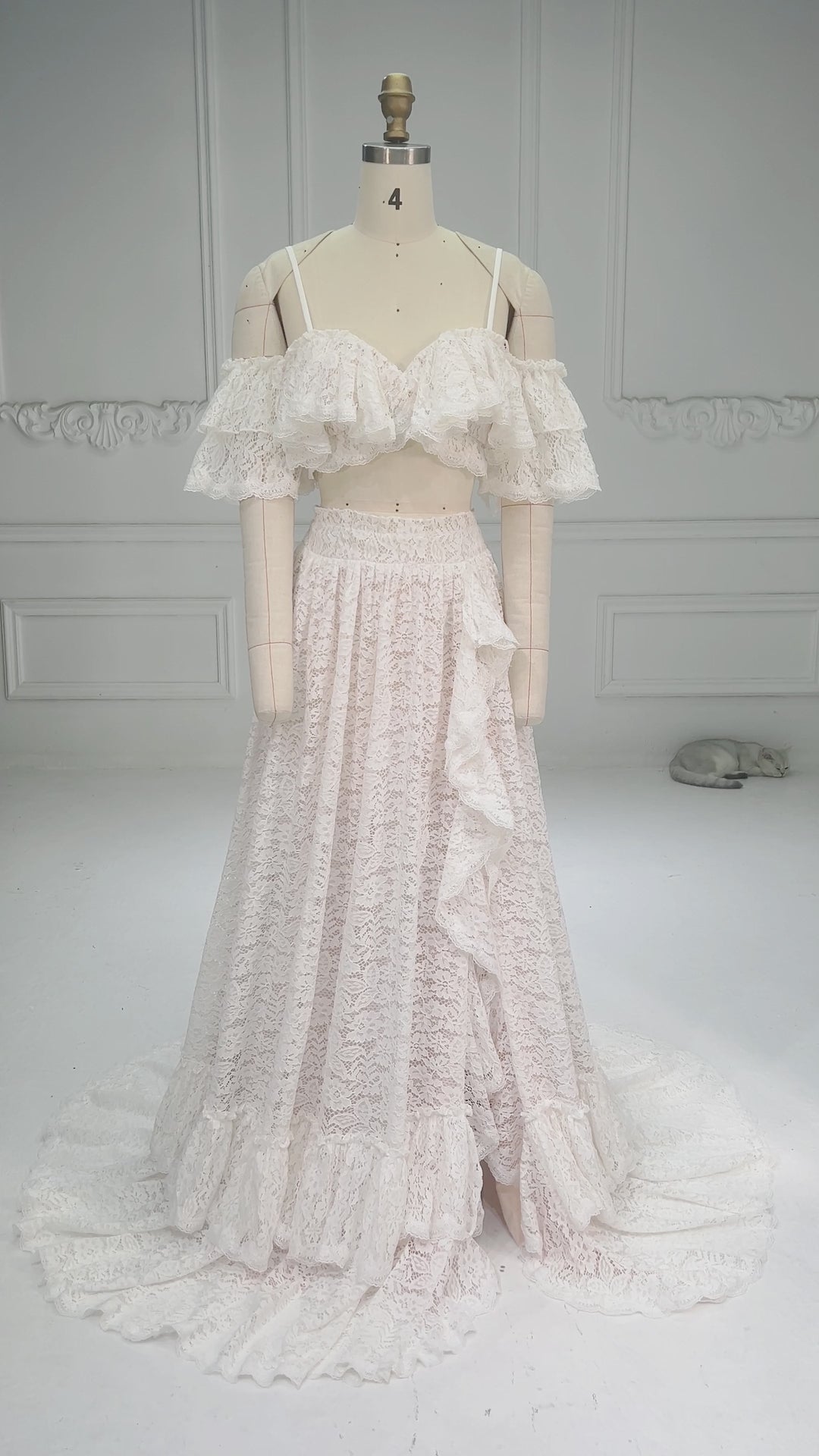 Ivory Lace Two-Piece Off-Shoulder Wedding Dress with High Slit Ruffle Skirt