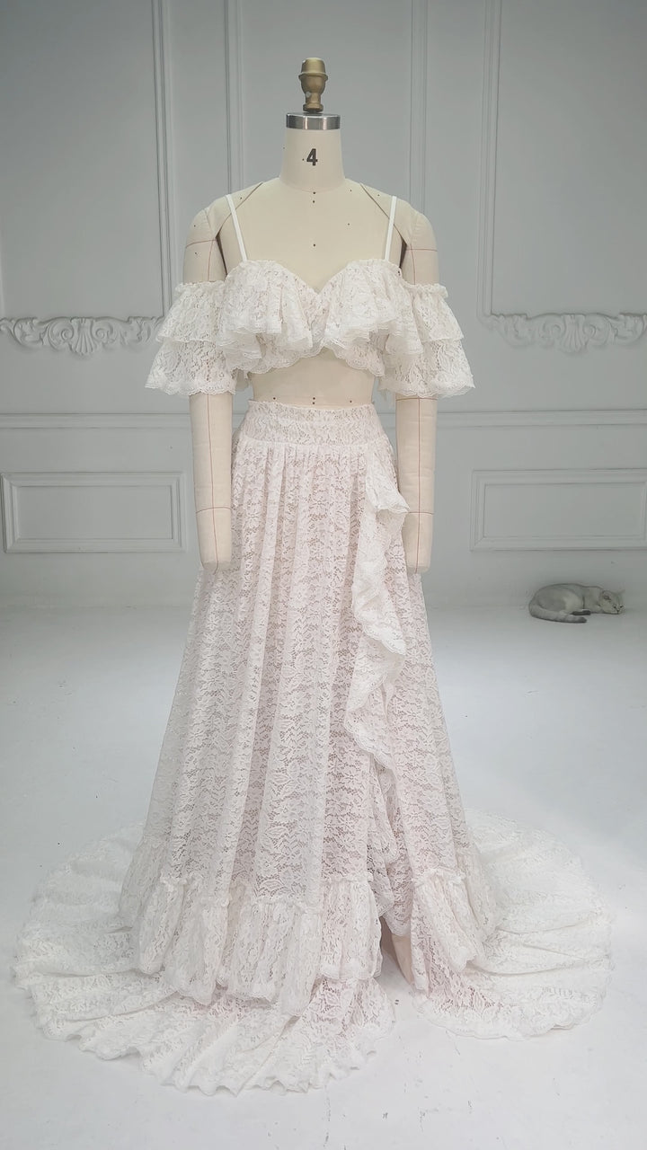 Ivory Lace Two-Piece Off-Shoulder Wedding Dress with High Slit Ruffle Skirt
