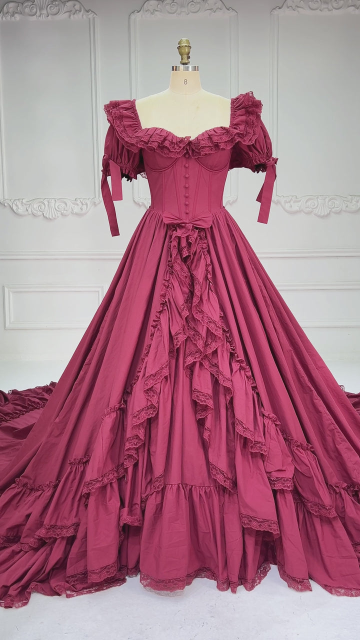 Burgundy Off-Shoulder Ruffled Corset Tiered Christmas Dress YW260357