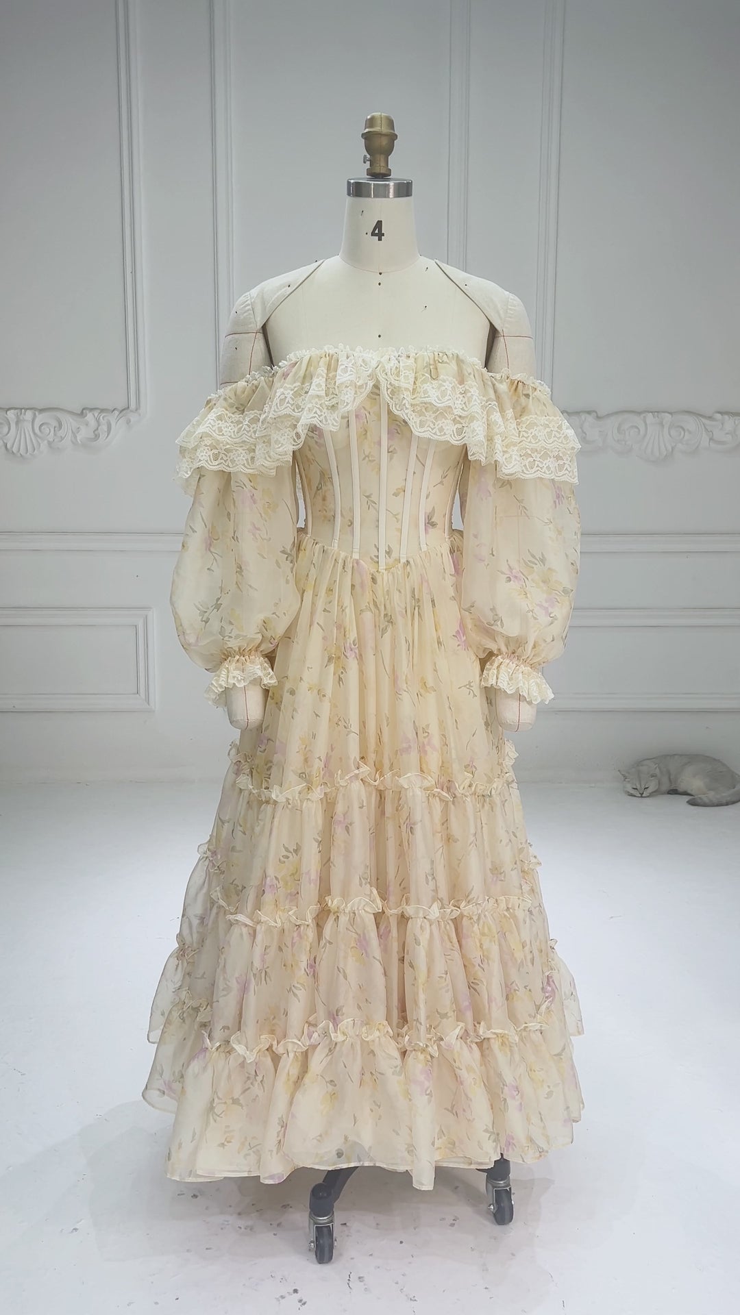 Yellow Floral Layered Ruffle Princess Dress With Puff Sleeve Corset WT268015