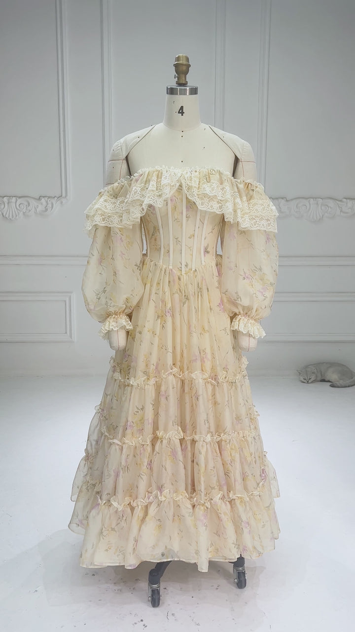 Yellow Floral Layered Ruffle Princess Dress With Puff Sleeve Corset WT268015