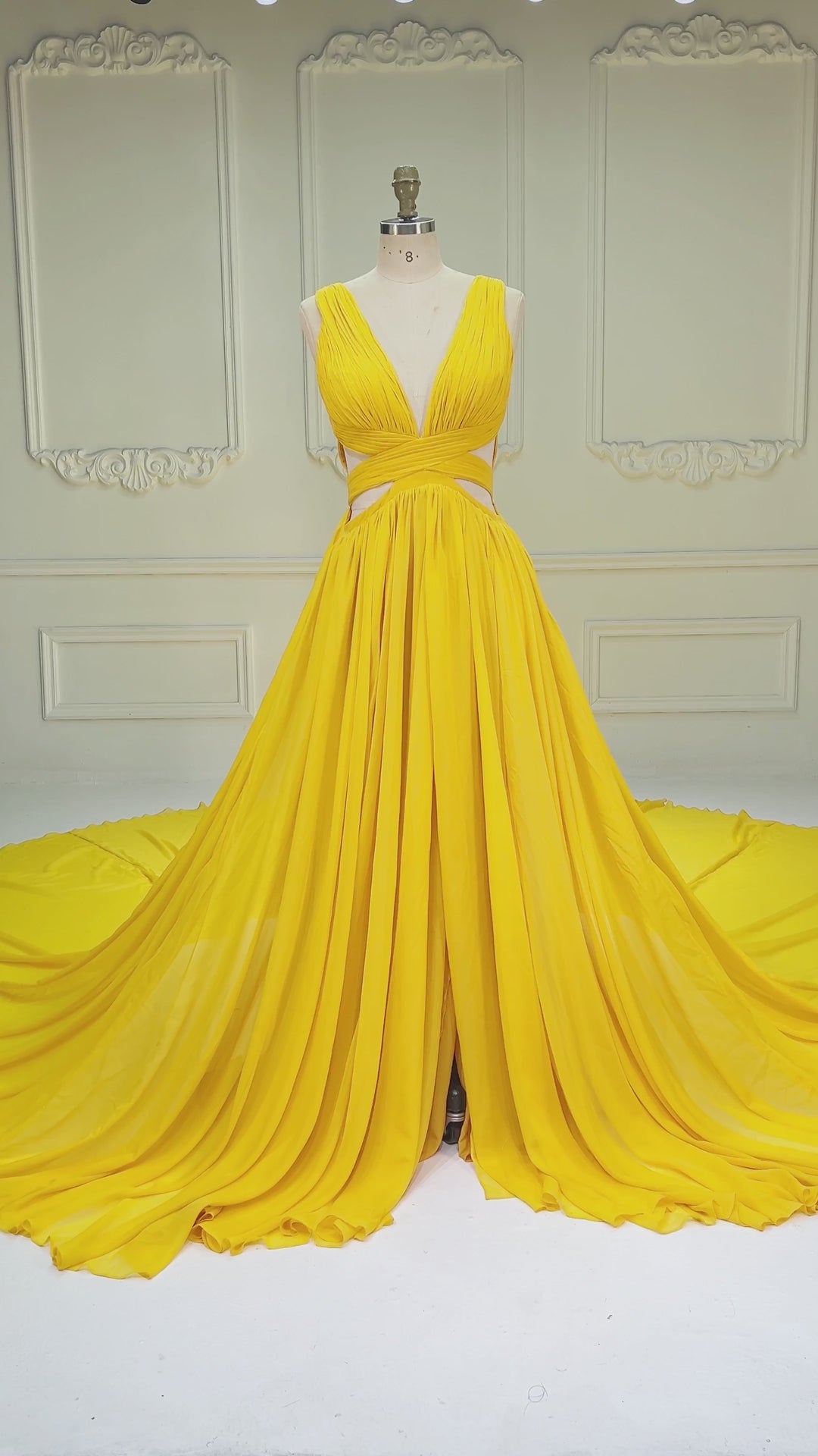 Flowy Yellow Flying Dress for Photography Flying Gown with Endless Train YW260326