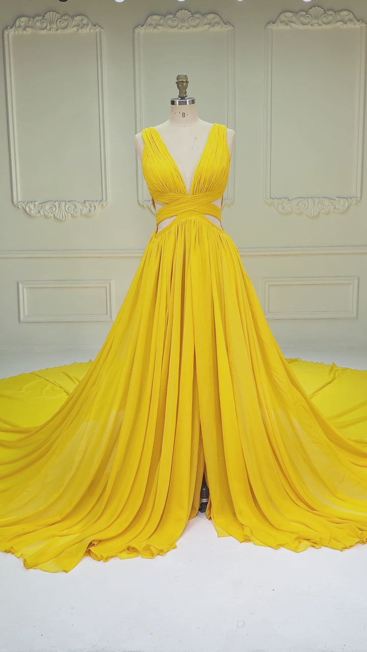 Flowy Yellow Flying Dress for Photography Flying Gown with Endless Train YW260326