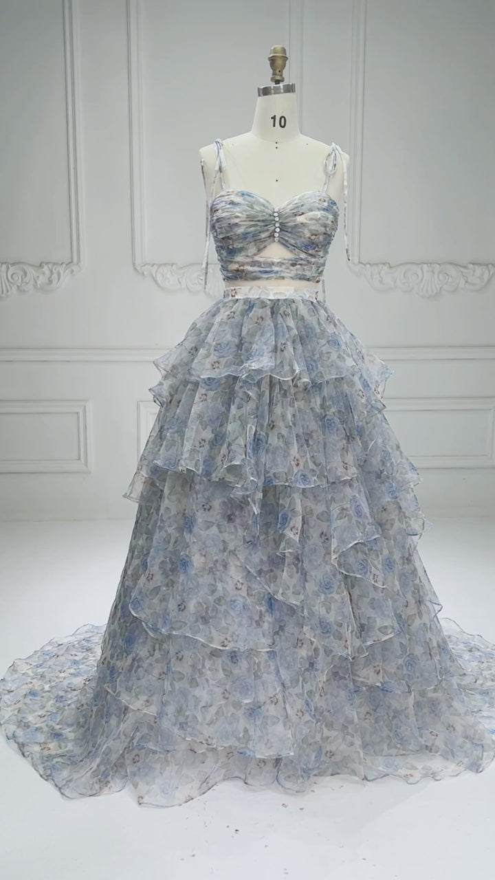 Blue Floral Two-piece Photoshoot Gown Layered Tiered Ruffle Special Occasions Dress YW260287