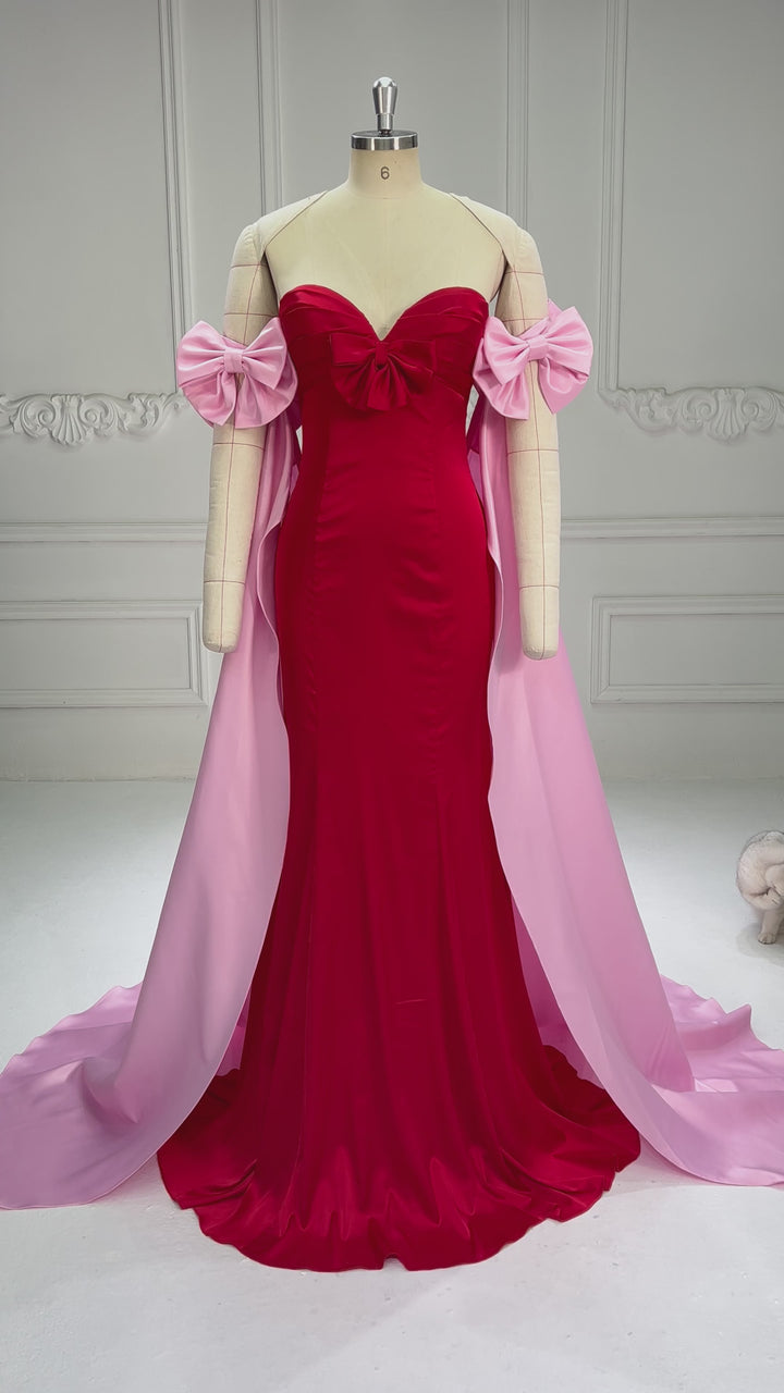 Elegant Satin Pink Cape With Red Bow Off Shoulder Prom Dresses uk LT003