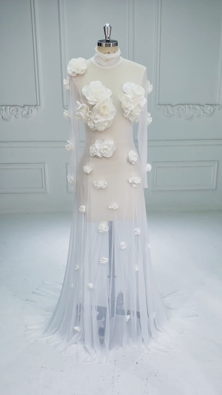 Sheer Stretch Tulle Maternity Gown 3D Rose Appliqués Maternity Dress for Photo Shoot YW260237