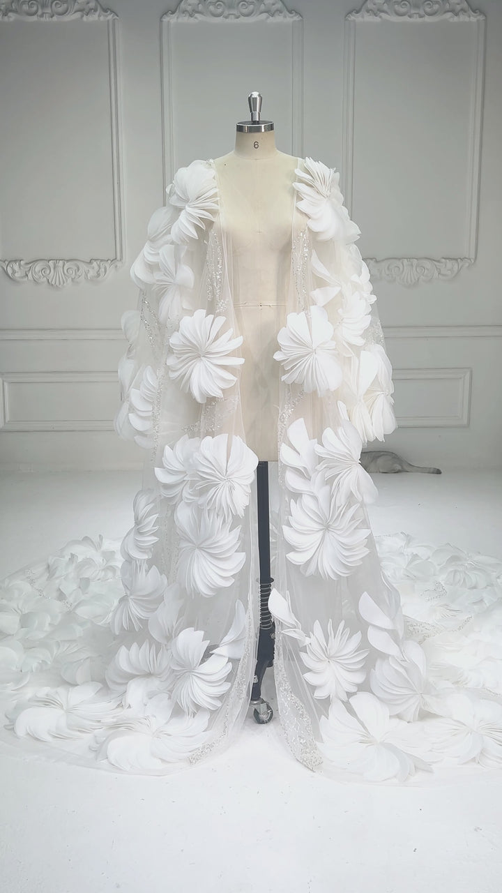 Luxury Ivory 3D Floral Bridal Cape with Royal Cathedral Train YW260331