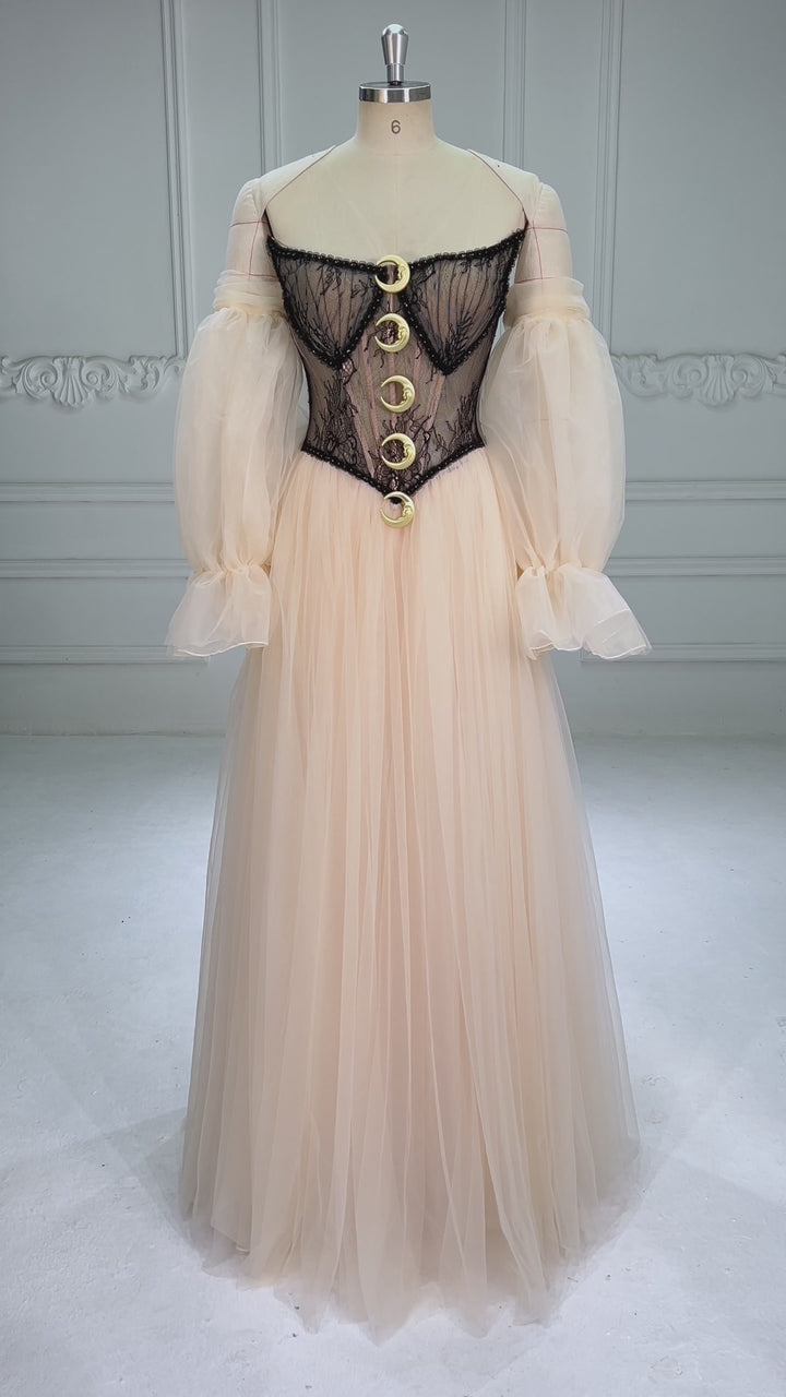 A Line Ball Gown Corset Waist Mesh Lace Floor Length Dress Photoshoot Dress YW250062