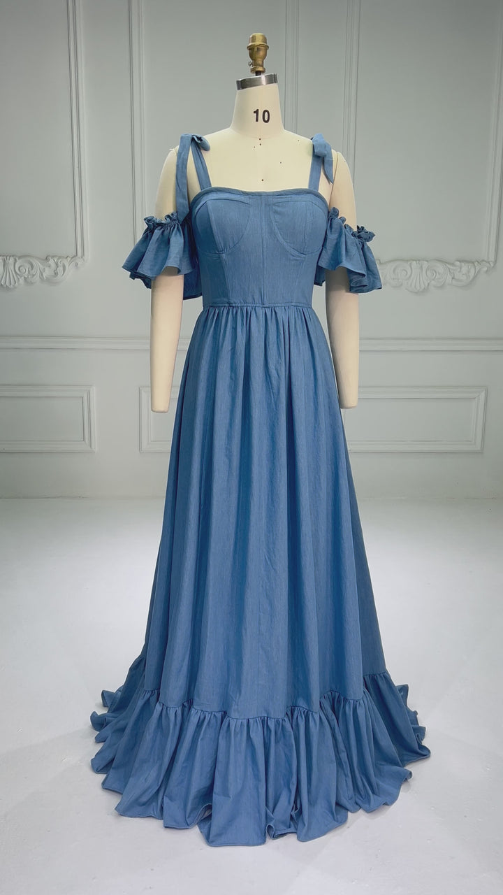 Off Shoulder Ruffle Sleeves Denim Blue Maxi Dress Boho Dress for Photoshoots YW250070
