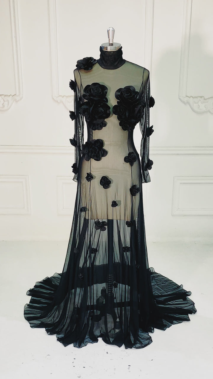 Sheer Stretch Tulle Maternity Gown 3D Rose Appliqués Maternity Dress for Photo Shoot YW260237