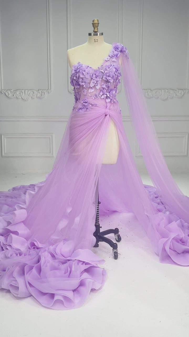 Lavender  One-Shoulder Photo Shoot Dress Ruched Tulle Colored Bridal Gown YW260340