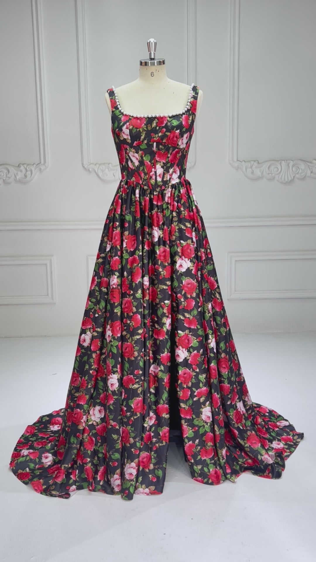 Long Satin Printed Floral Prom Dress A Line Evening Dress for Women 2025