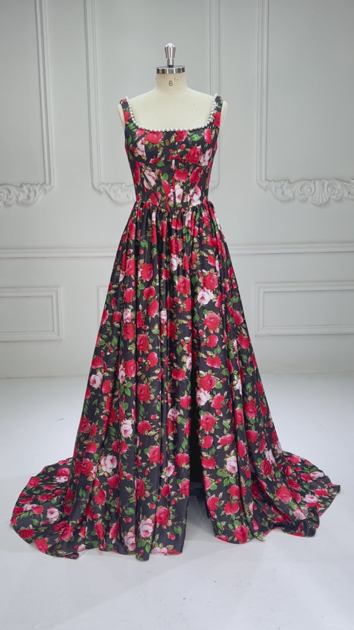 Long Satin Printed Floral Prom Dress A Line Evening Dress for Women 2025