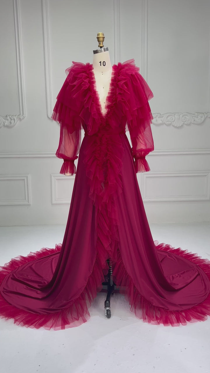 Deep Red Tulle Ruffle Gown for Photoshoots YW250073