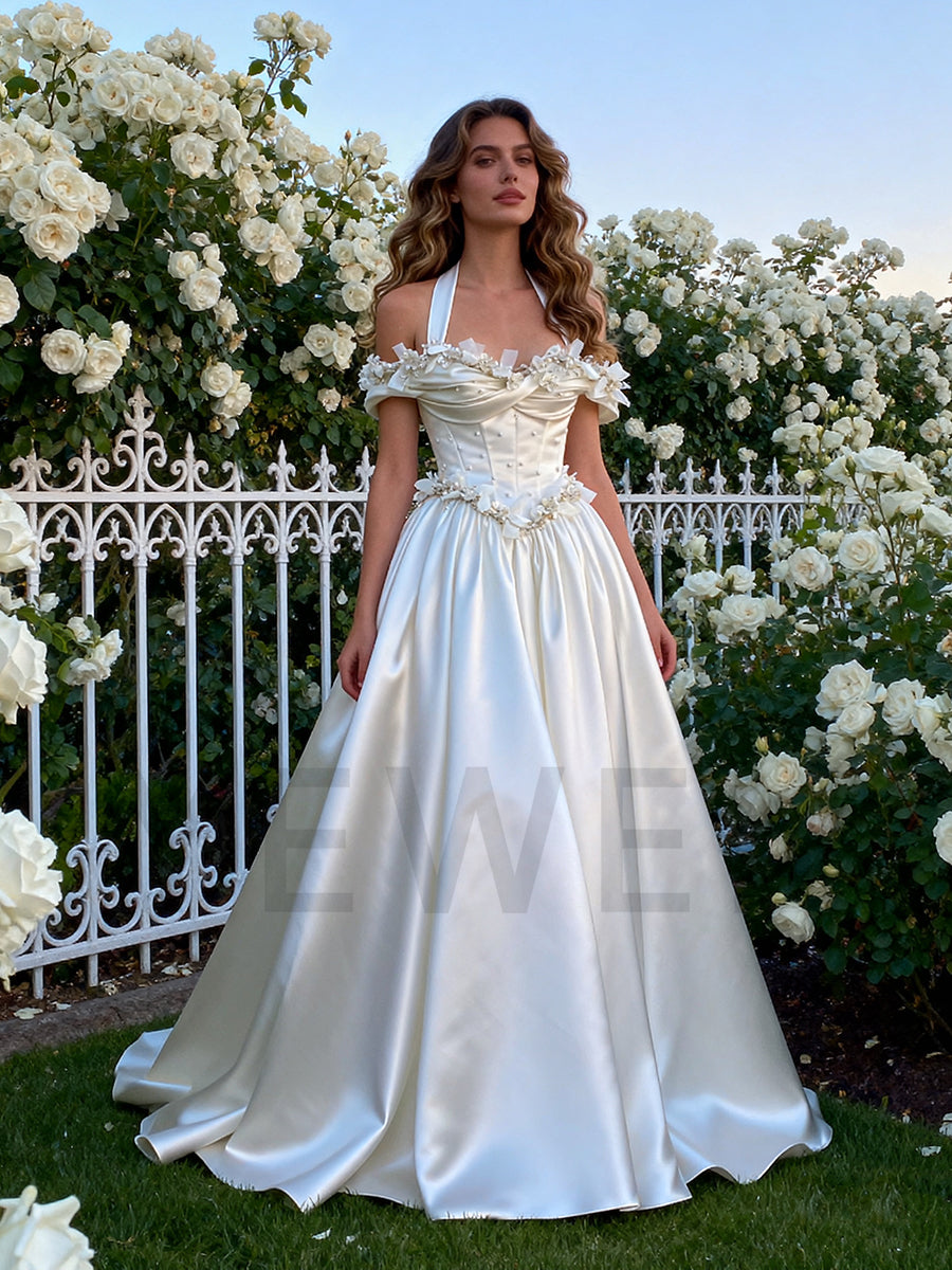 Front view of princess 3D flower wedding dress featuring satin fabric and elegant bridal gown silhouette
