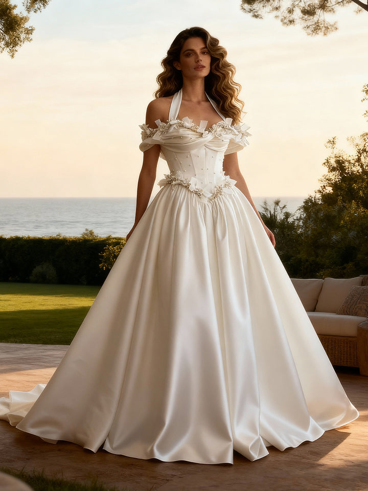 Elegant princess 3D flower wedding dress with halter and off shoulder satin bridal gown design for luxury wedding photography