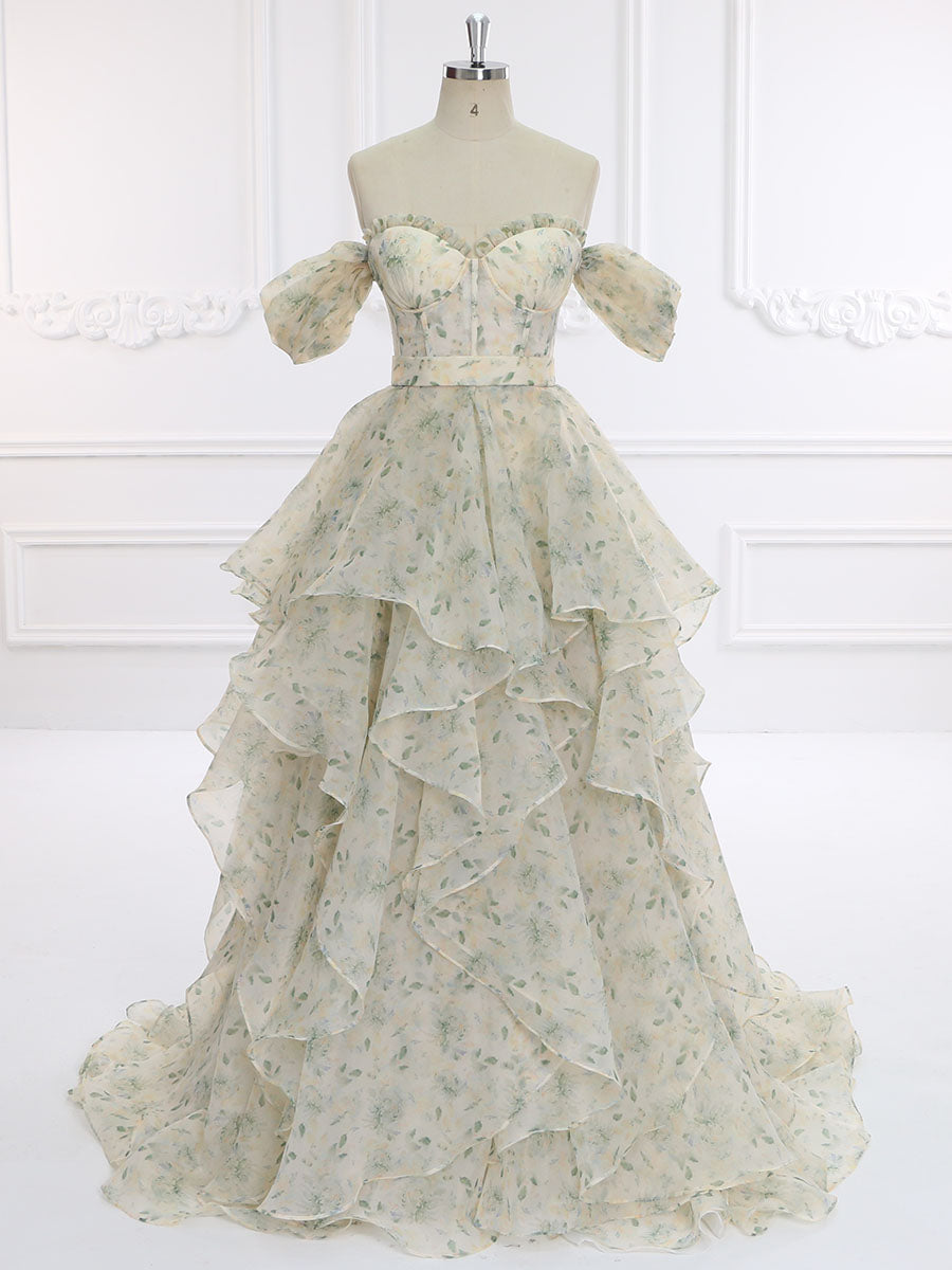 Elegant prom dress with 30cm train, short sleeves, and floral print design for photo shoots and special occasions