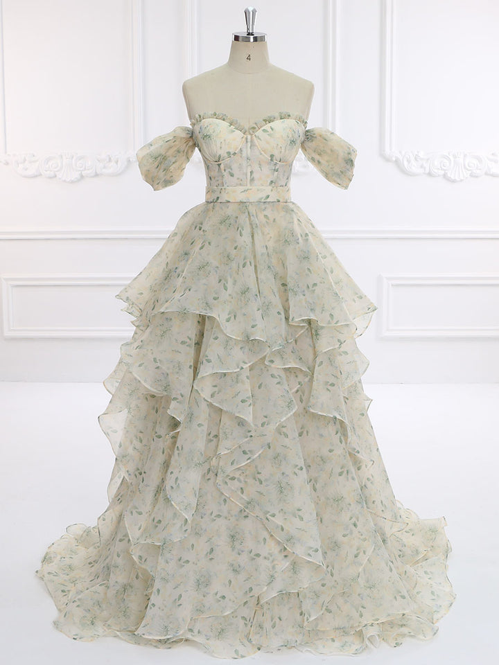 Elegant prom dress with 30cm train, short sleeves, and floral print design for photo shoots and special occasions