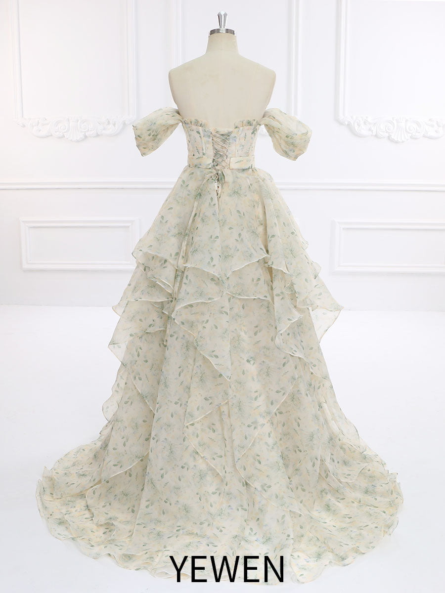 Back view of prom dress with floral colored print and elegant short sleeve design for wedding and party occasions