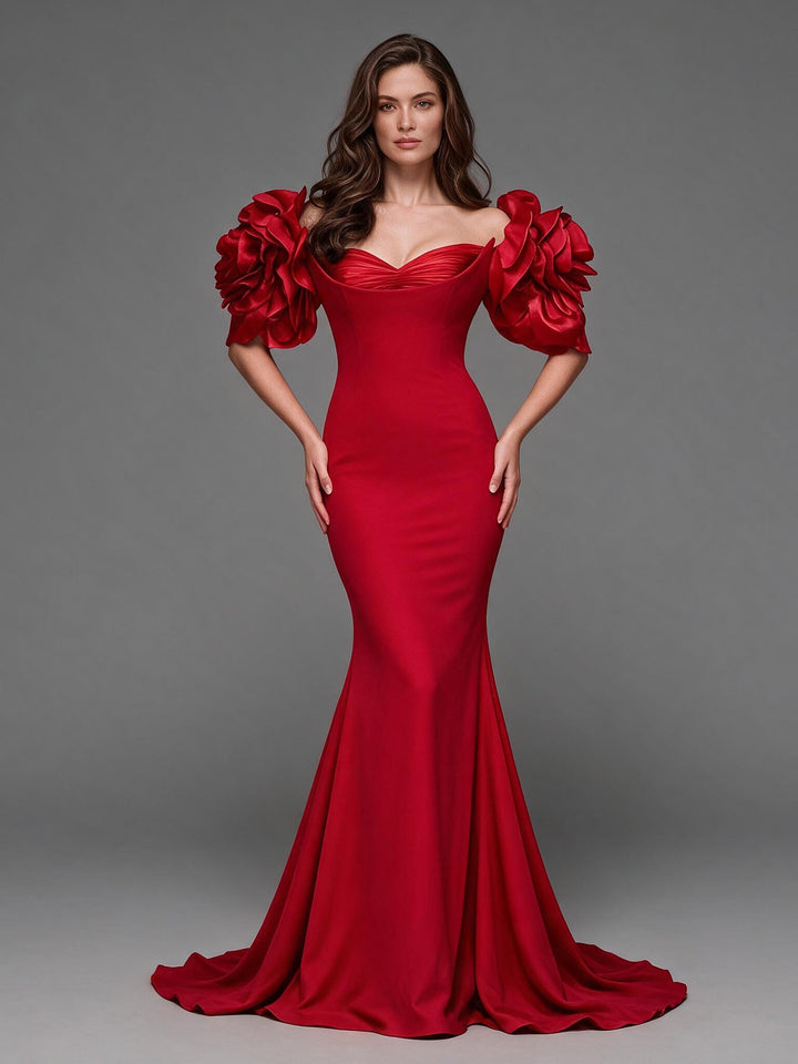 Red 3D floral off-shoulder fitted mermaid evening gown, front view.