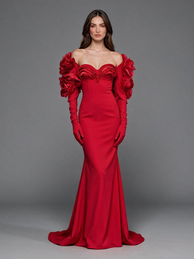 3D Rose Off-Shoulder Long Gloves Fitted Mermaid Evening Gown YA261002 ...