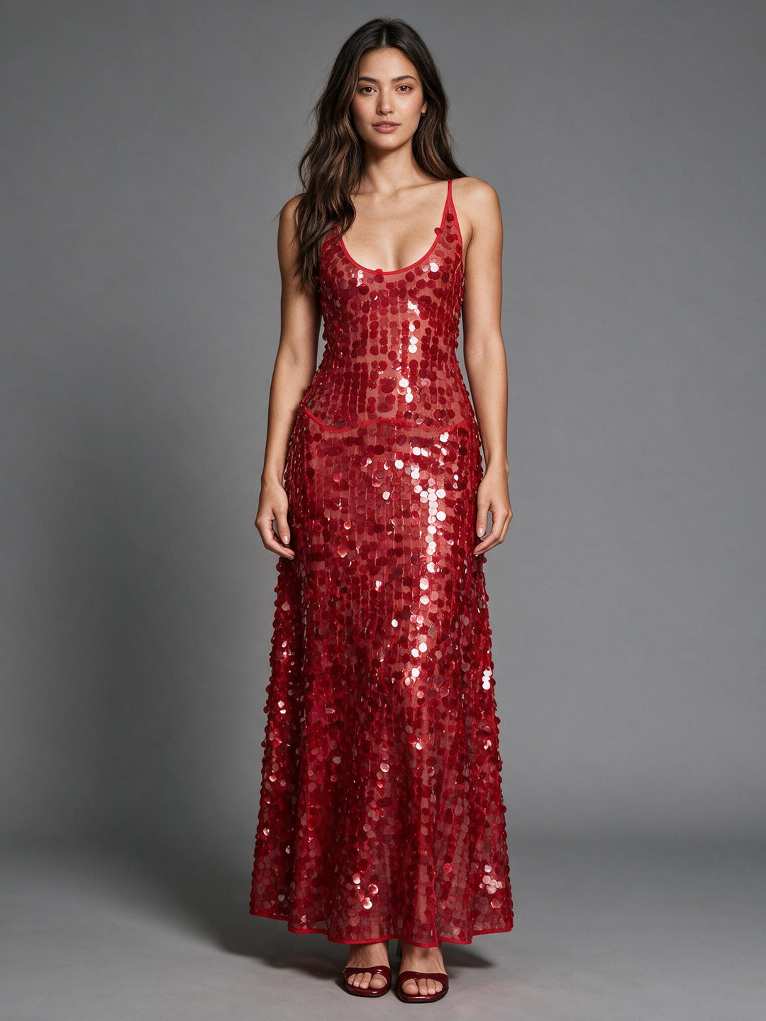 Red paillette sequin spaghetti strap Christmas party gown, front view.