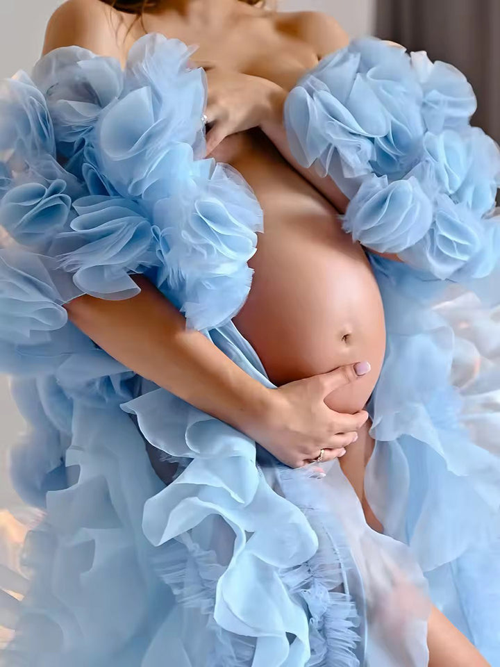 Flowing organza ruffles photoshoot robe cape captured in motion showing elegant movement during photography