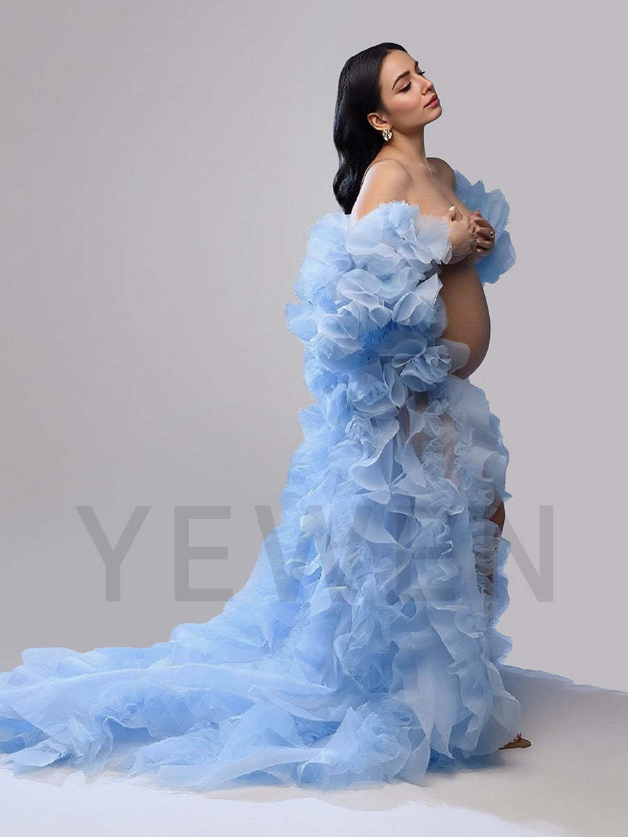 Full body view of chic organza ruffles photoshoot robe cape designed for elegant maternity photography styling