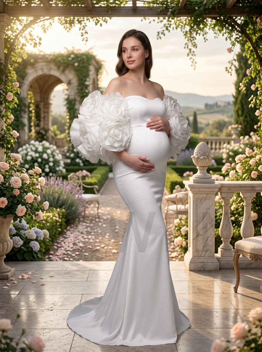 A pregnant woman stands in a sunlit garden wearing a fitted white gown with oversized sculptural puff sleeves and a long train. The setting includes stone arches, flowers, greenery, and a warm outdoor background.