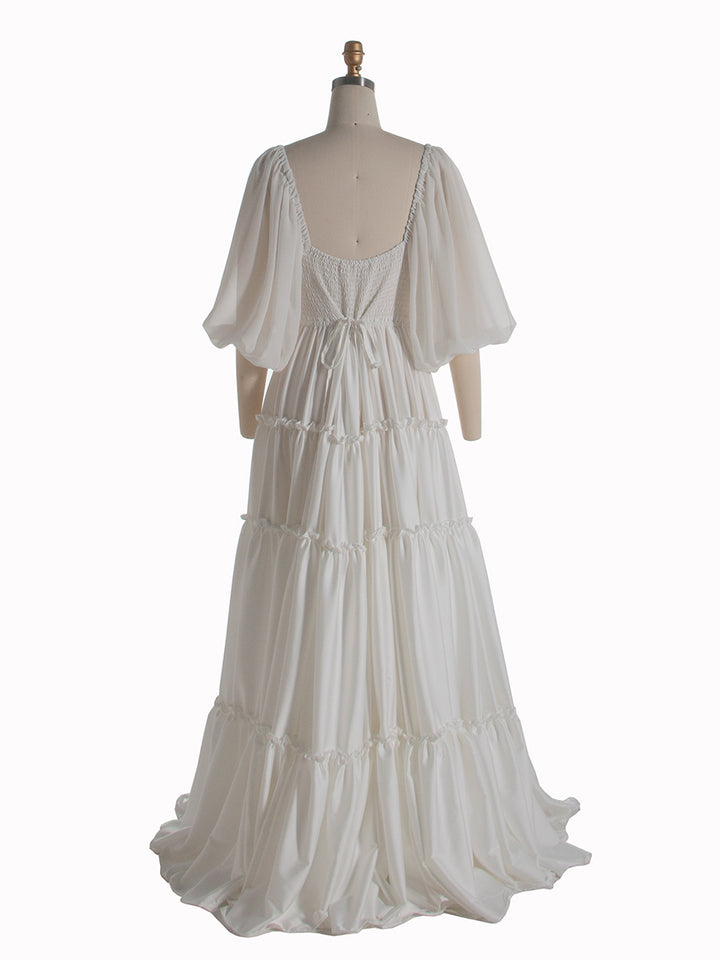 Back view of silk satin maternity gown for baby shower