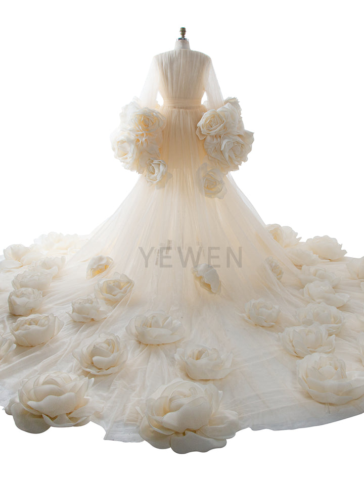 Back view of luxury special occasion dress with 3D rose sheer tulle design and elegant long train